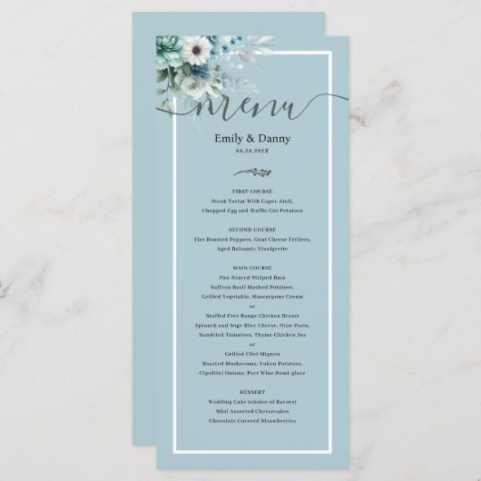 Morandi Ash Blue Elegantes Botanisches Hochzeitsme Menükarte (Vorne/Hinten)