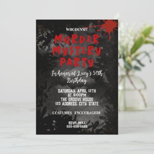 Mord an Whodunit mystery blutigen Party 40. 50. 60 Einladung (Stehend Vorderseite)