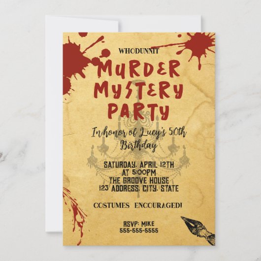 Mord an Whodunit mystery blutigen Party 40. 50. 60 Einladung (Vorderseite)