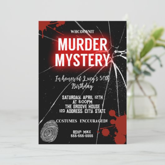 Mord an Whodunit mystery blutigen Party 40. 50. 60 Einladung (Stehend Vorderseite)