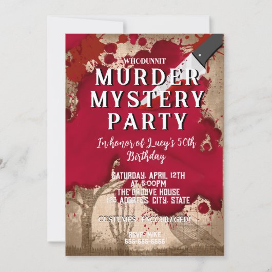 Mord an Whodunit mystery blutigen Party 40. 50. 60 Einladung (Vorderseite)