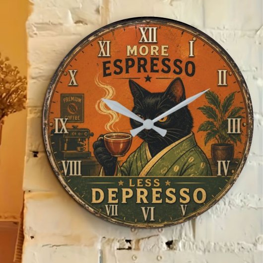 More Espresso Less Depresso Cat Große Wanduhr