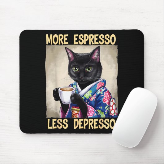 More Espresso Less Depresso Japanese Art Funny Cat Mousepad (Mit Mouse)