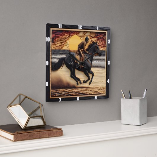 Morgan Sand Race: Holzgebranntes Kunsthandwerk Quadratische Wanduhr (Büro)