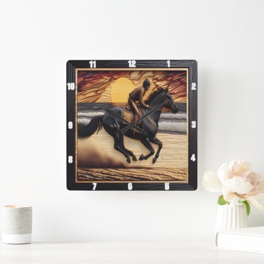Morgan Sand Race: Holzgebranntes Kunsthandwerk Quadratische Wanduhr (Zuhause)
