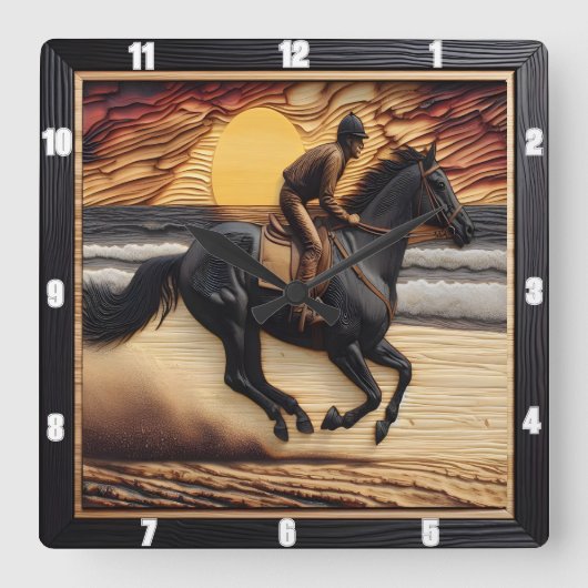 Morgan Sand Race: Holzgebranntes Kunsthandwerk Quadratische Wanduhr (Vorderseite)