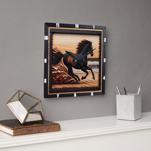 Morgan Tide Gallop: Holztextur brennen. Quadratische Wanduhr (Büro)