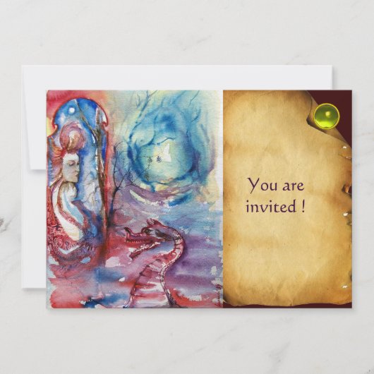 MORGANA Lady and Dragon Parchment Yellow Gem Einladung (Vorderseite)