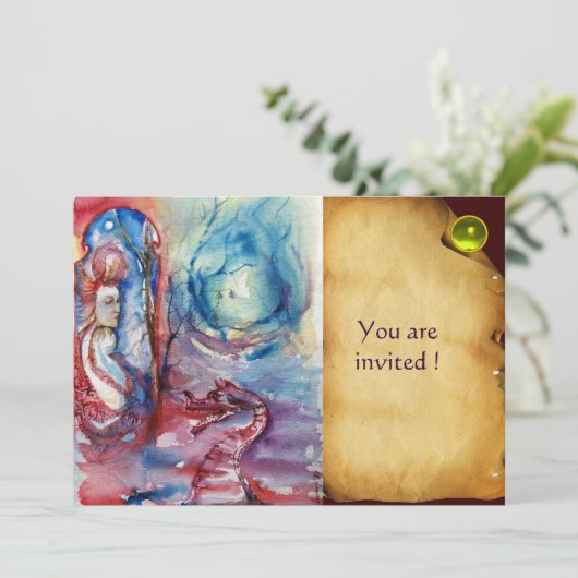 MORGANA Lady and Dragon Parchment Yellow Gem Einladung (Stehend Vorderseite)