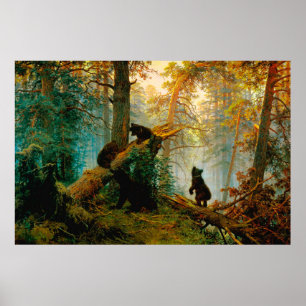 Morgen in einem Kiefernwald Bär mit Jungen Schisch Poster