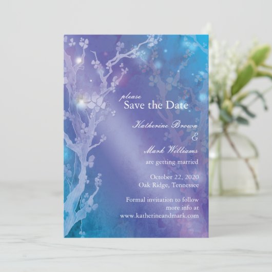 Morgendämmerung in Blauer Hochzeit Das Datum speic Save The Date (Stehend Vorderseite)