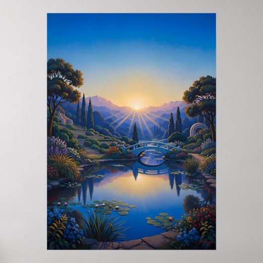 Morgendämmerung über der Gartenbrücke Poster (Vorne)