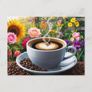 Morgendlicher Kaffee und wunderschöner Blumengarte Postkarte
