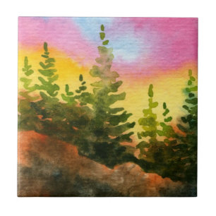 Morgenkiefern auf einem Hügel mit Regenbogenhimmel Fliese