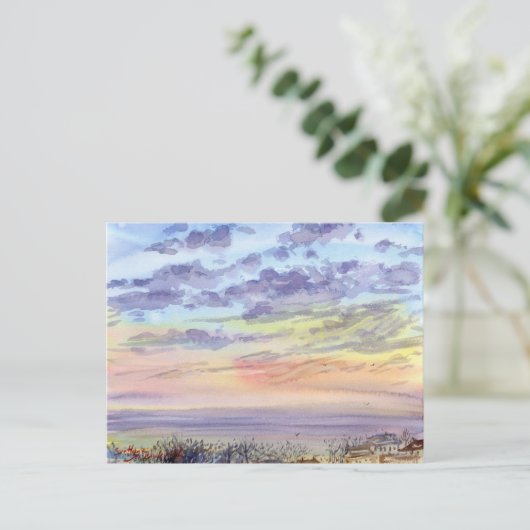 Morgenlandschaft mit Wasserfarben, Wolken und Meer Postkarte (Stehend Vorderseite)