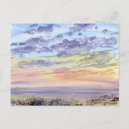 Morgenlandschaft mit Wasserfarben, Wolken und Meer Postkarte (Vorderseite)