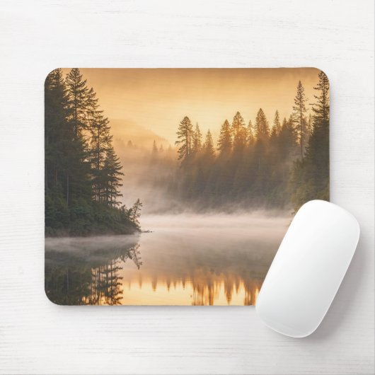 Morgennebel am Fluss in den Pinien Mousepad (Mit Mouse)