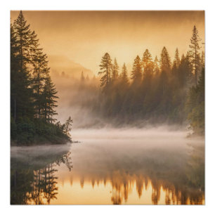 Morgennebel am Fluss in den Pinien Poster