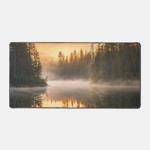Morgennebel am Fluss in den Pinien Schreibtischunterlage