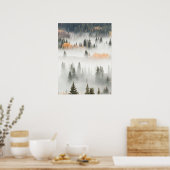 Morgennebel bedeckt Bergwald Poster (Küche)
