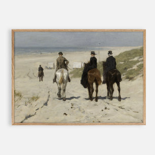 Morgenreiten am Strand entlang. Vintages Öl Poster