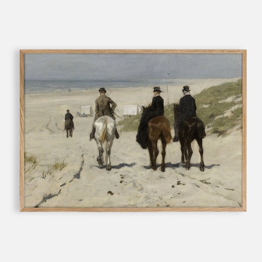 Morgenreiten am Strand entlang. Vintages Öl Poster