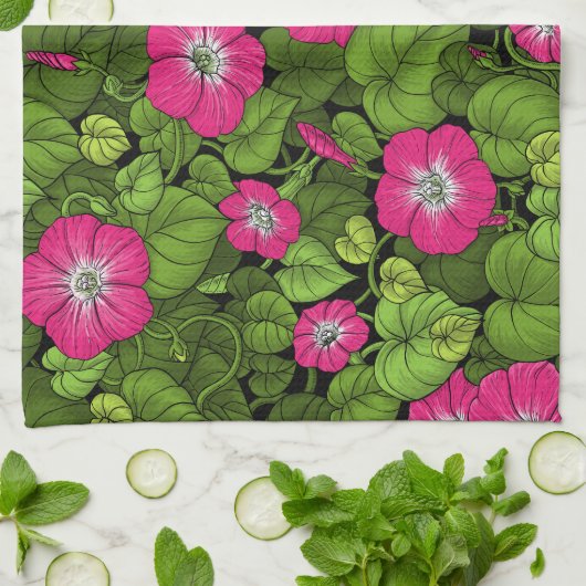 Morgenruhm in Rosa und Grün Geschirrtuch (Gefaltet)