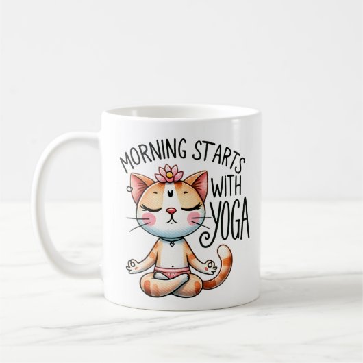 "Morgens beginnt mit Yoga" Funny Cat Lover Kaffeetasse (Links)