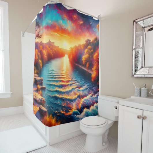"Morgens ruhige Embrace: Comal River Sunrise" Duschvorhang (Beispiel)