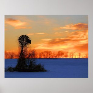 Morgensonnenaufgang mit Windmühle im Winter Poster