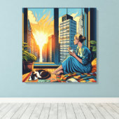 Morgenzeit in der Stadt | Reflektierende Frau Leinwanddruck (Insitu (Holzboden))