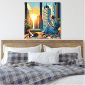 Morgenzeit in der Stadt | Reflektierende Frau Leinwanddruck (Insitu (Schlafzimmer))