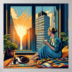 Morgenzeit in der Stadt   Reflektierende Frau Poster
