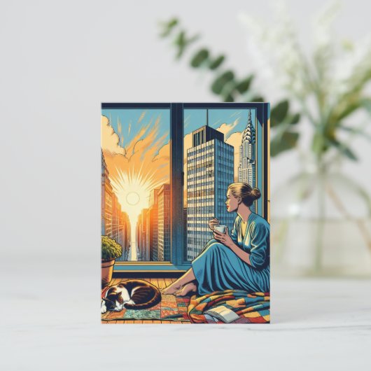 Morgenzeit in der Stadt | Reflektierende Frau Postkarte (Stehend Vorderseite)