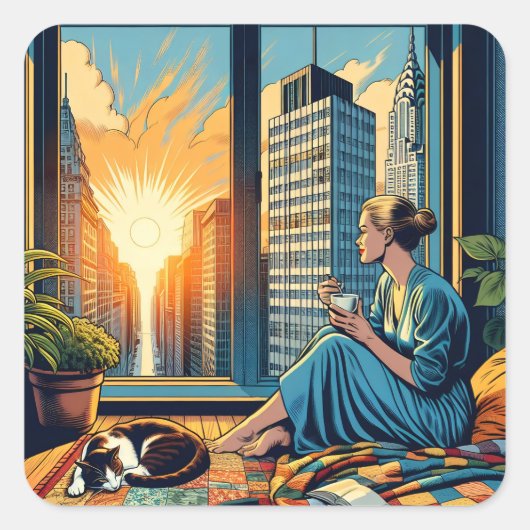 Morgenzeit in der Stadt | Reflektierende Frau Quadratischer Aufkleber (Vorderseite)