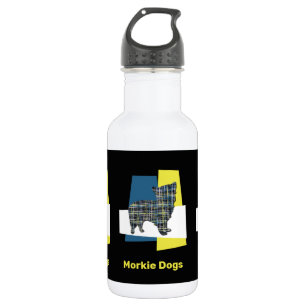 Morkie Dog Silhouette Gelb & Blau Grid Edelstahlflasche