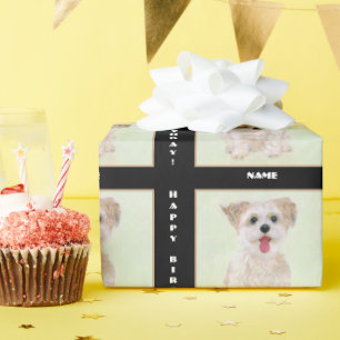 Morkie-Hund-Geschenkpapier auf Schwarz mit Text Geschenkpapier