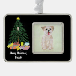Morkie Hund mit Gerahmtem Weihnachtsbaum Rahmen-Ornament Silber
