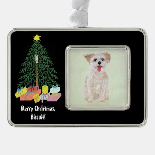 Morkie Hund mit Gerahmtem Weihnachtsbaum Rahmen-Ornament Silber (Vorderseite)