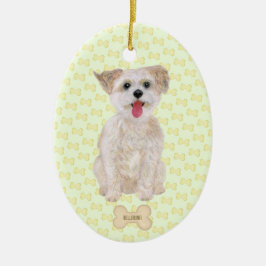 Morkie mit Knochen und Text-Oval Keramik Ornament