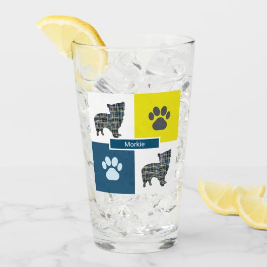 Morkie Silhouette Dog & Paw Gelb & Blau Grid Glas (Vorderseite Ice)