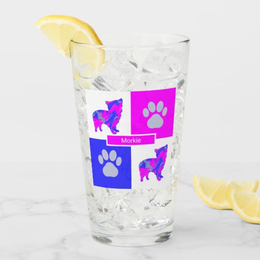 Morkie Silhouette Dog & Paw Pink und Blue Square Glas (Vorderseite Ice)