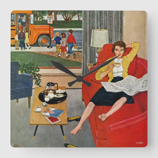 Morning Coffee Break Quadratische Wanduhr (Vorderseite)