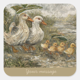 Morning Commute Whimsical Farmhouse Duck Rainy Day Quadratischer Aufkleber