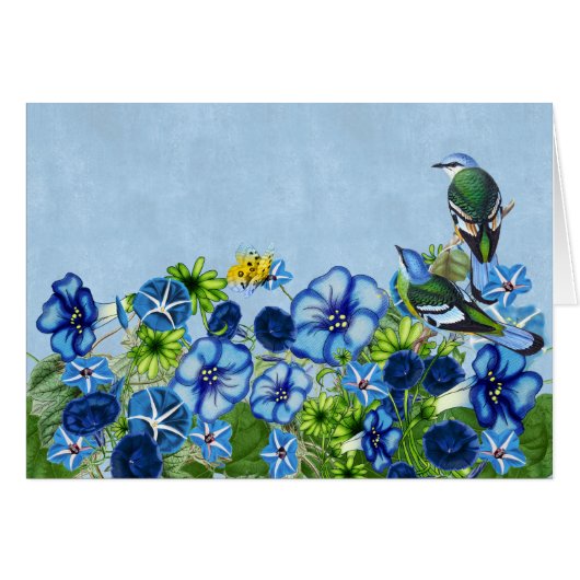 Morning Glory Garden mit Green Cochoa Birds (Vorderseite (Horizontal))