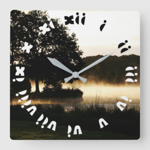 Morning Lake Scene Fat Roman Numbers Wccm Quadratische Wanduhr