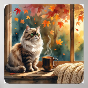Morning Mews - Cat with Coffee & Blätter Art Poster