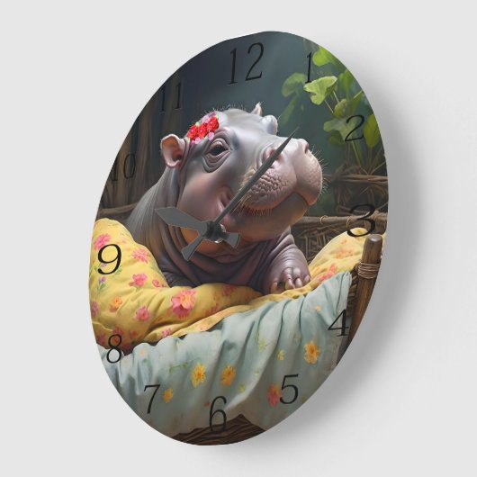 "Morning Snuggles: Baby Hippo Wecke in Basket, Große Wanduhr (Winkel)