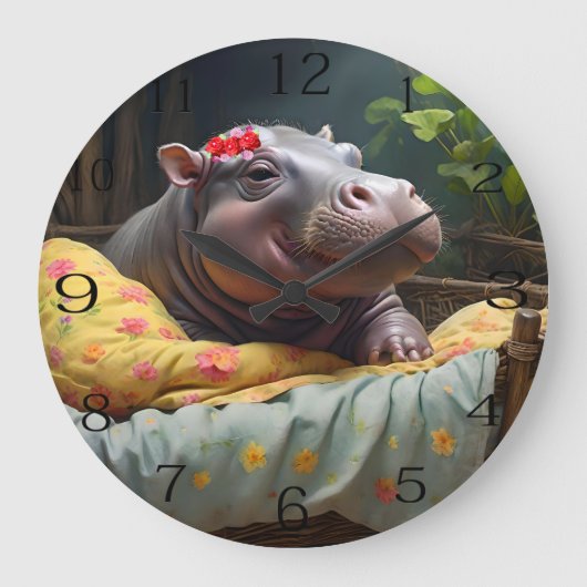 "Morning Snuggles: Baby Hippo Wecke in Basket, Große Wanduhr (Vorderseite)