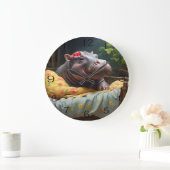 "Morning Snuggles: Baby Hippo Wecke in Basket, Große Wanduhr (Zuhause)
